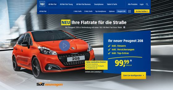 1&1 All-Net-Flat + Peugeot 208 für 99,99€ inkl. Steuer+Versicherung